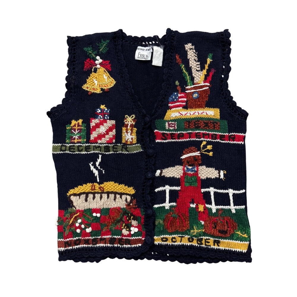 Vintage Erika Hand Knit Holiday Sweater Vest Seasonal Pumpkin Christmas L